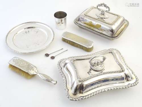 A quantity of silver plated wares to include entre dishes, hair brush, beaker etc. Please Note -