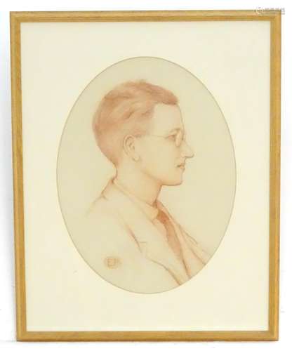 Harold Cox (act. 1921-), English School, Crayon on paper, An oval profile portrait of a man