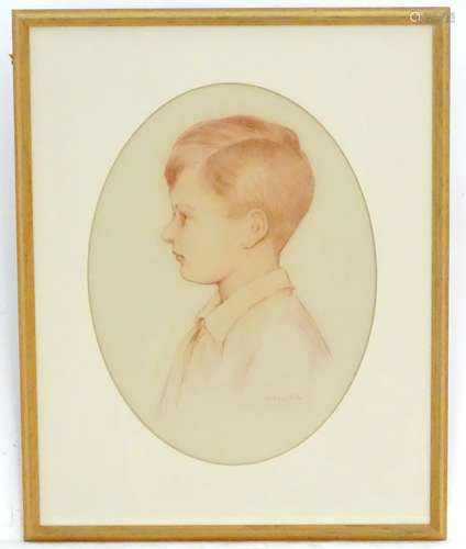 Harold Cox (act. 1921-), English School, Crayon on paper, An oval profile portrait of a young boy,