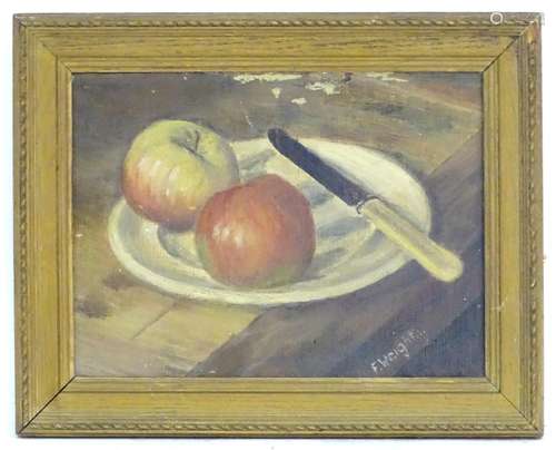 F Weight, XX, Oil on canvas laid on board, A still life study of apples on a plate. Signed lower