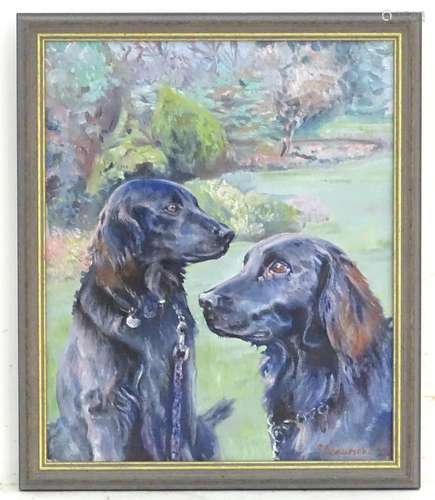 S. Beaumont, XX, English School, Oil on canvas, Two black retriever dogs in a garden. Signed and