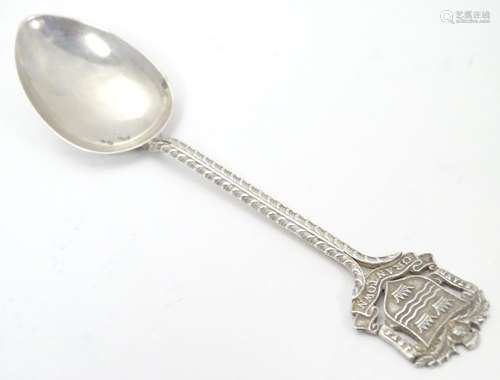 A silver souvenir spoon, the handle surmounted by coat of arms for Grantown, hallmarked Birmingham