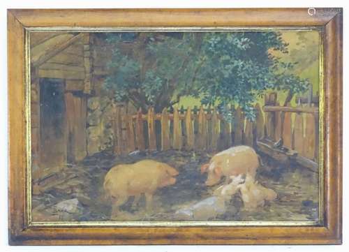 E. Bahr, XIX-XX, German School, Watercolour, Pigs and Piglets in a sty. Signed lower left and