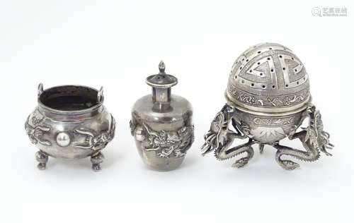 Chinese export silver: A white metal salt formed as a stylised censer with dragon detail, marked