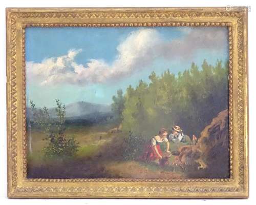 XIX-XX, Swiss School, Oil on panel, A young girl and boy in a landscape fetching water. Indistinctly