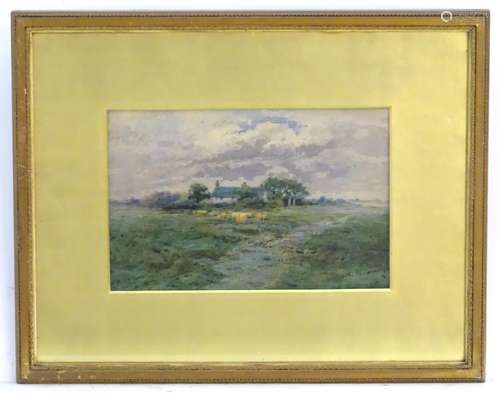 J. Booth, XIX-XX, English School, Watercolour, A landscape with sheep and a cottage beyond. Signed