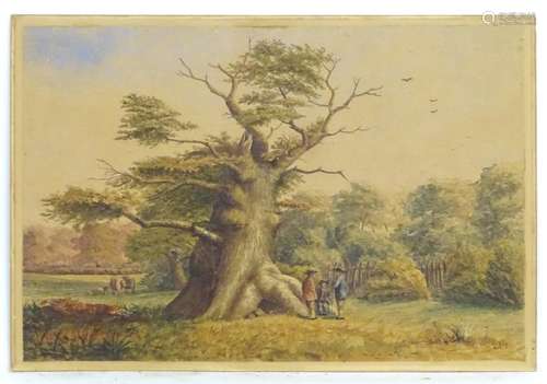 Monogrammed MLC, XIX, English School, Watercolour and gouache, A landscape scene with three