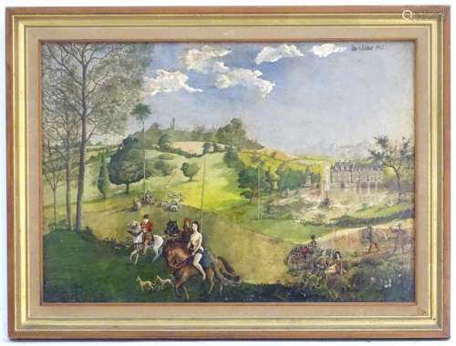 Peter le Vasseur, XX, Oil and gouache on board, A stylised pastoral scene with figures on horseback,