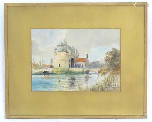 F. van Vollen, XX, Continental School, Watercolour, La Porte D'Ostende, Bruges, A river scene