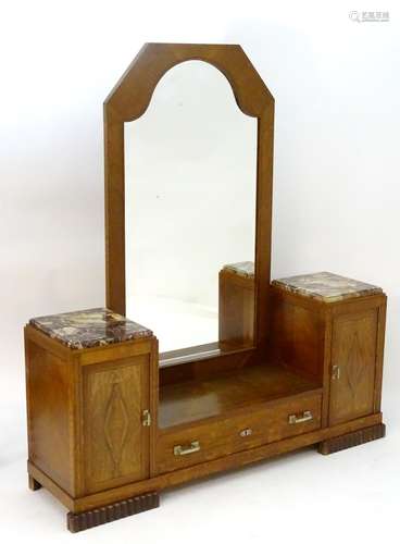 An early / mid 20thC Art Deco dressing table, having two marble topped cabinets above panelled