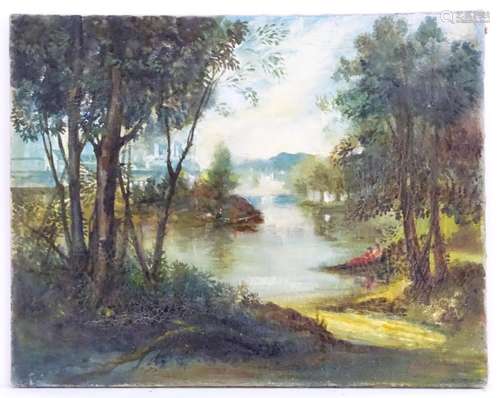 Indistinctly signed, XIX-XX, Oil on canvas, A wooded river landscape with figures rowing and figures