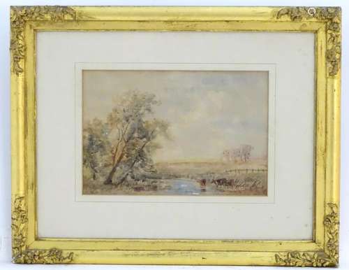 Initialled E. D., XIX, English School, Watercolour, A river landscape scene with cattle / cows