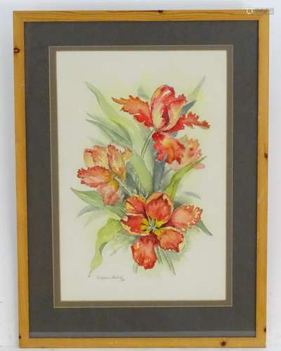 Marjorie Bishop, XX, English School, Botanical watercolour, A still life study of tulips. Signed and