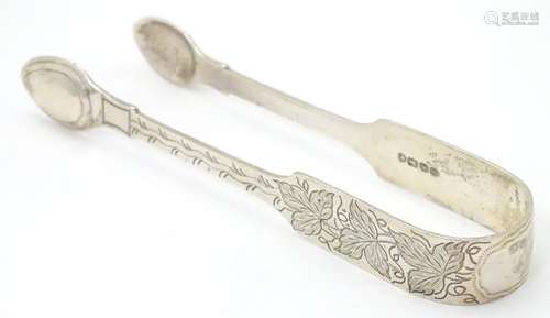 Victorian silver sugar tongs with engraved decoration, hallmarked London 1841, maker Samuel