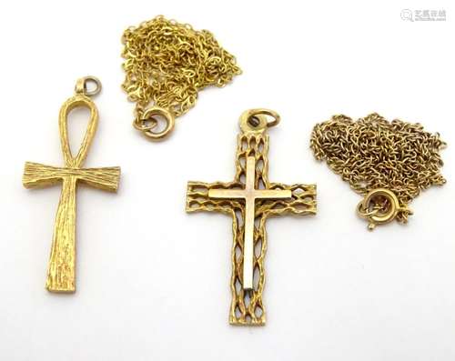 Two 9ct gold pendants of cross / crucifix form. The tallest approx 1 1/4