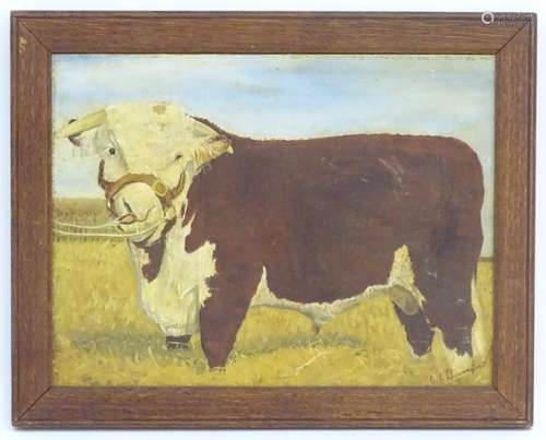 C. L. Barrington, XIX, English School, Oil on canvas laid on board, A naive portrait of a prize bull