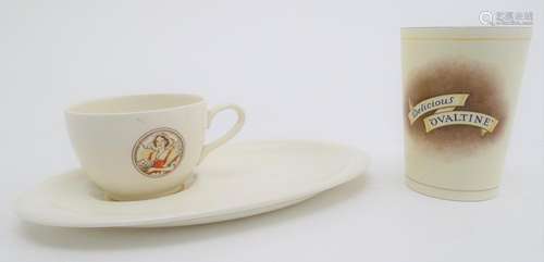 Kitchenalia: a mid-20thC trio of ceramic Ovaltine advertising wares, comprising beaker, cup and