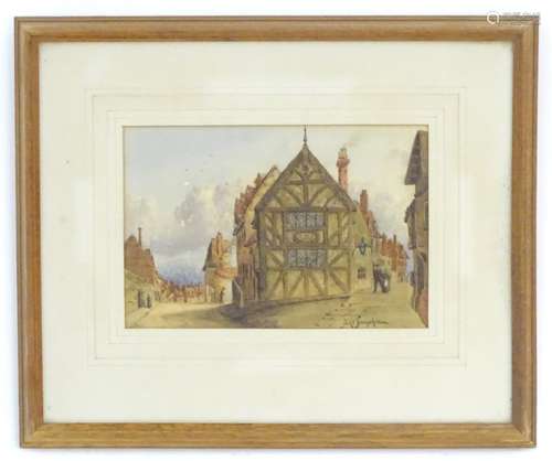 XIX-XX, Watercolour, Arch de Farquhar(son)? A street scene with timber buildings and figures. Signed