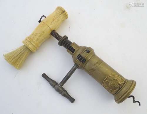 Kitchenalia: a 19thC King's Pattern corkscrew, the turned bone handle with brush and loop, brass