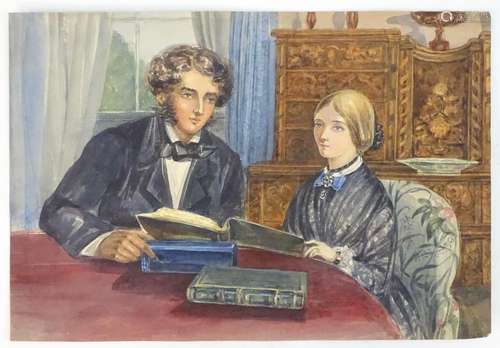 English School, XIX, Watercolour, A Victorian couple seated in an interior, A gentleman and lady