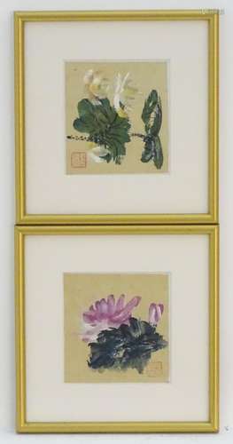 Chinese School, Watercolours, a pair, Pink flowers with foliage and White flowers. Character stamp