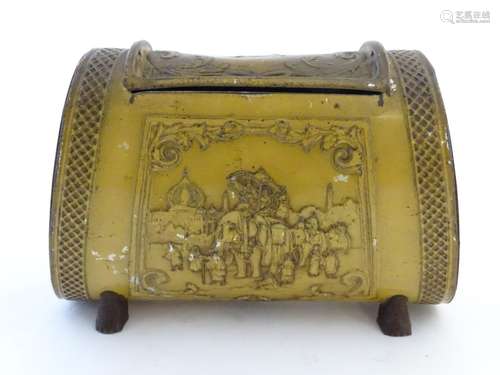 Kitchenalia: an early-20thC Huntley & Palmers biscuit tin, formed as a handbag and decorated with