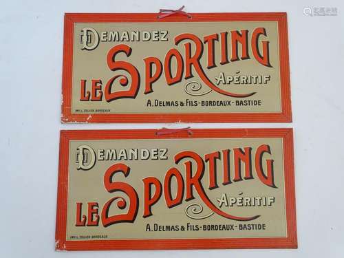 Kitchenalia: two French card advertising boards for 'Le Sporting' aperitif, each 14 1/4