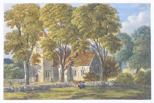 English School, XIX, Watercolour, A wooded landscape with two figures by a country church. Approx.