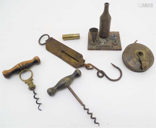 An assortment of Kitchenalia items, to include two corkscrews, a Salter's spring balance, a