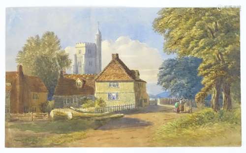 English School, XIX, Watercolour, A wooded village landscape with figures and children passing