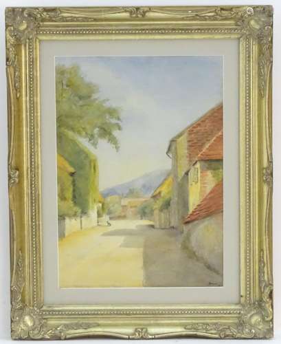 J Hewson, XX, Watercolour, Lockdown, A lone dog in a sunlit village street. Signed and dated 1919