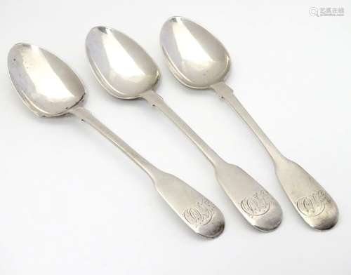 A set of three Victorian silver fiddle pattern tea spoons, hallmarked London 1846, maker Robbert