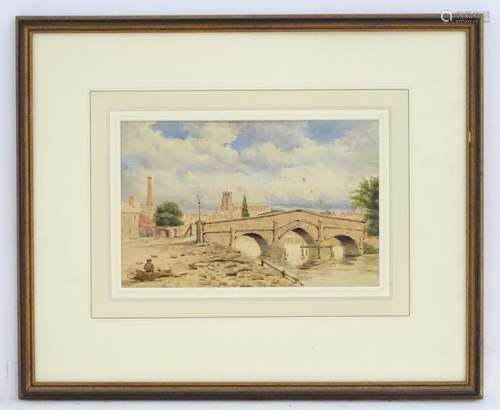 XIX, Continental School, Watercolour, A stone arch bridge with a seated figure in the foreground and