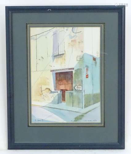 Geoff Hayes, XX, Watercolour, Midday, Ille-sur-Tet, A French street corner scene, with signs for Rue