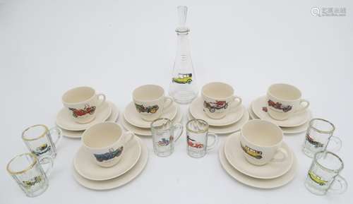 A mid-20thC ceramic part tea set, decorated with vintage automotive images, comprising 6 teacups,