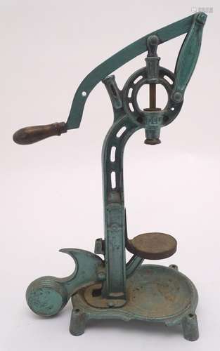 A continental cast iron Bouchoneuse wine bottle corking machine, in painted green finish,