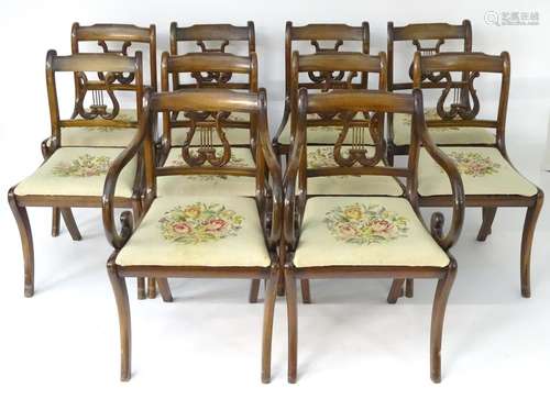 A set of ten (8+2) mid 20thC Regency style mahogany chairs, with carved cresting rails and lyre