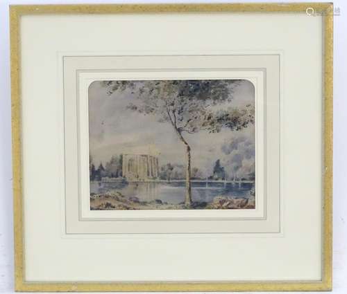 XX, Watercolour, A landscape scene with a lake with a classical temple portico. Approx. 7 1/2