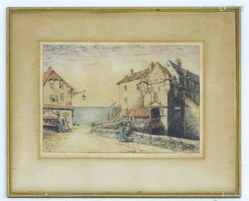 Margaret Aulton (XIX-XX), English School, Hand coloured etching, A Normandy fishing village with