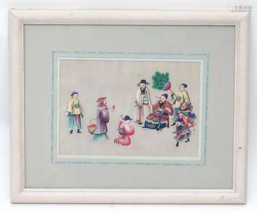 A Chinese painting on rice paper depicting figures offering mandarins / oranges to an imperial