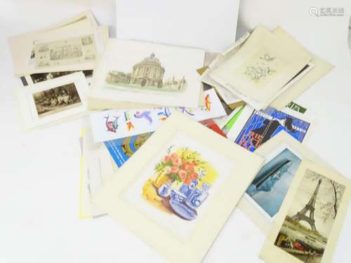 A folder of pictures, mounted and loose, to include signed watercolours, vintage posters, signed