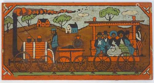 American School, XX, Mixed media on wood panel, A naive folk art landscape scene with figures on