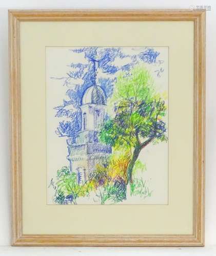 XX, Wax crayon on paper, An abstract landscape scene with a church and trees. Approx. 14 1/4