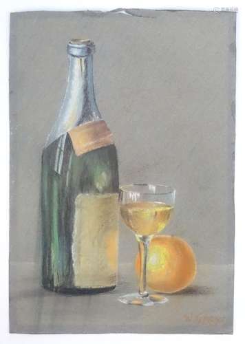 W. Grey, XX, Pastel on paper, A still life study of a champagne bottle, a wine glass and an