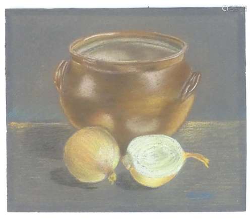 A. Wilson, XX, Pastel on paper, A still life study of a ceramic crock and onions on a table.