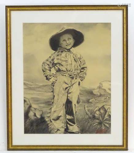 Poumet, XX, Pencil and charcoal, A portrait of a young cowboy in a desert landscape. Signed and