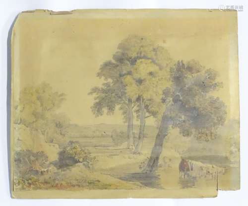 H. Allen, XIX, English School, Pencil and coloured wash, A landscape scene with cattle / cows