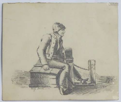 XIX, Pencil on card, A study of a young man seated at village stocks. Indistinctly signed Mifs