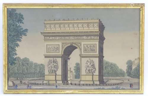 A 19thC print depicting L'arc de Triomphe with figures. Approx. 9 1/2