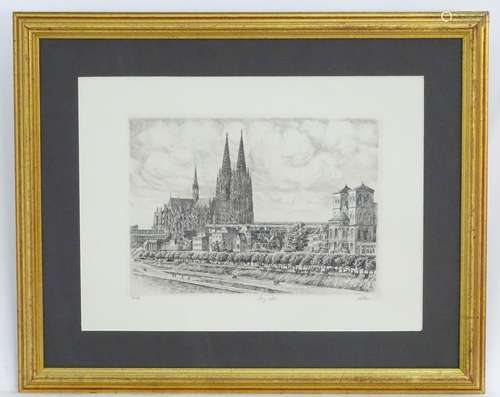 Peters, XIX-XX, Original Etching, Koln (Cologne) cathedral beside the river Rhine with figures.